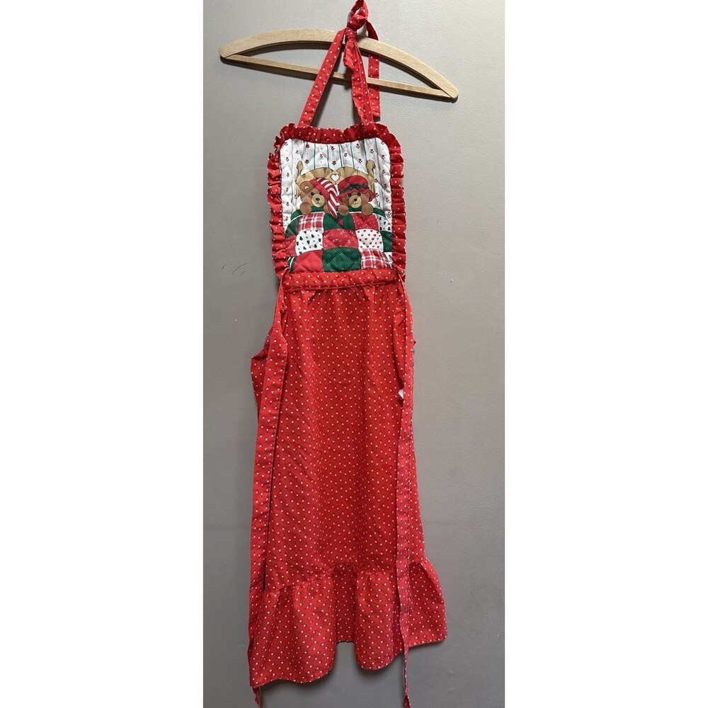 Gourmet Gallery Vintage Quilted Teddy Bear Christmas Holiday Red Full Bib Apron